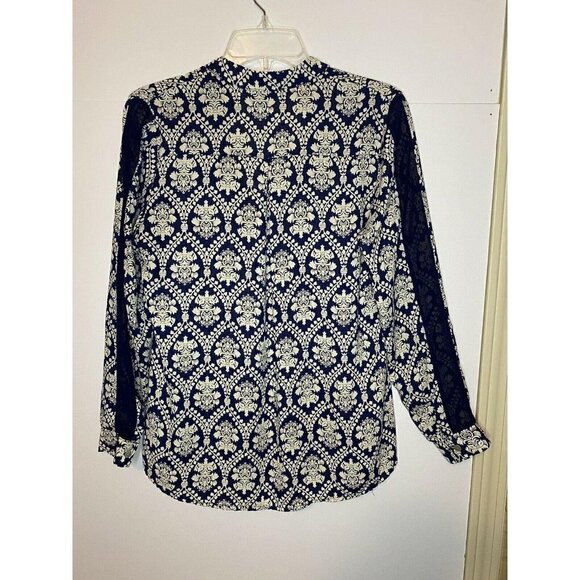 Honey Punch Damask Women's Long Sleeve Top Sz Small Blue Cream Sheer Sleeve EUC - Picture 4 of 6